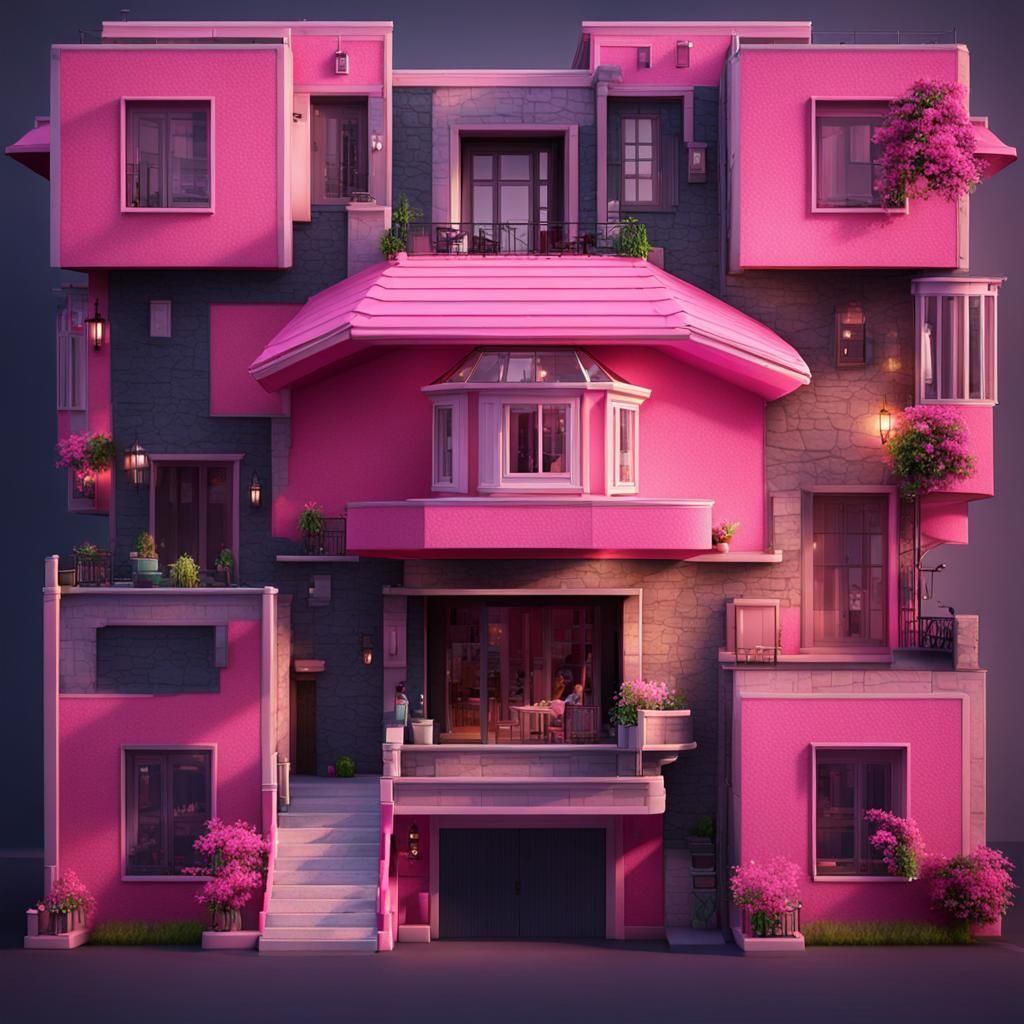 Pink Two-Story House in City Street