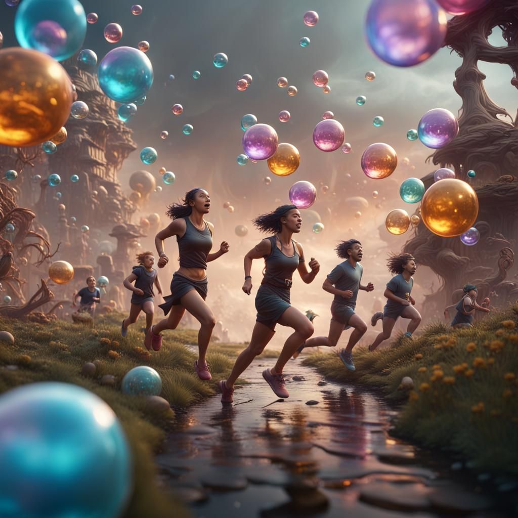 Bubble Head People Running in Detailed Matte Painting