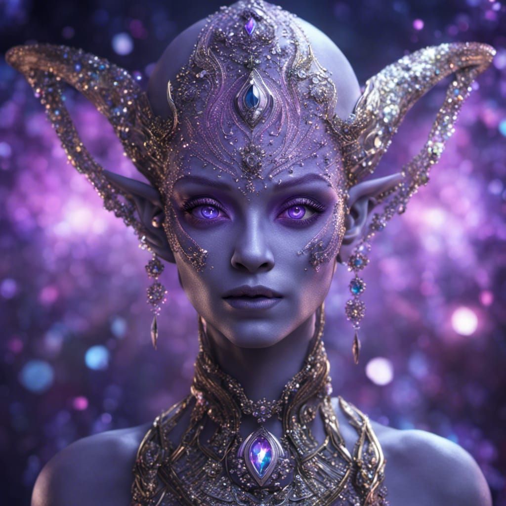 Mauve female alien, gleaming lilac eyes, jeweled head.
