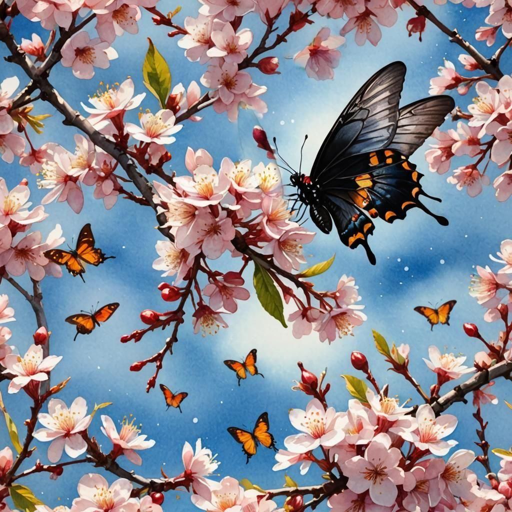 Watercolor Cherry Blossoms in Vivid Sunlight