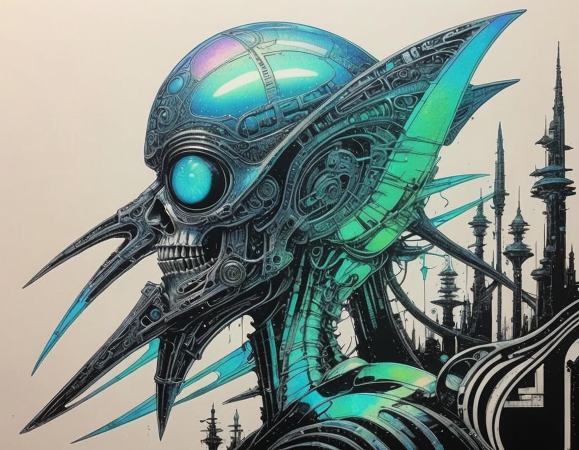 Neon Disco Iridescent: Art Deco Ink Drawing