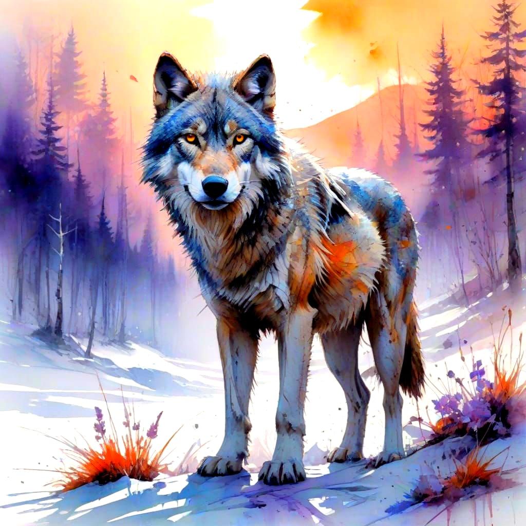 Wolf Stands Alert on Frost-Laden Ridge in Snowy Forest Sunse...