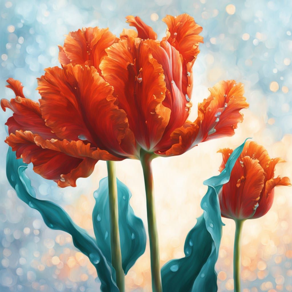 Red Parrot Tulip Oil Painting with Intricate Petals