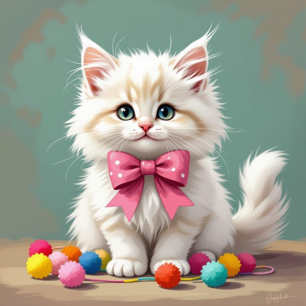 Adorable Kitten Playing with Pom Poms in Folk Art Style
