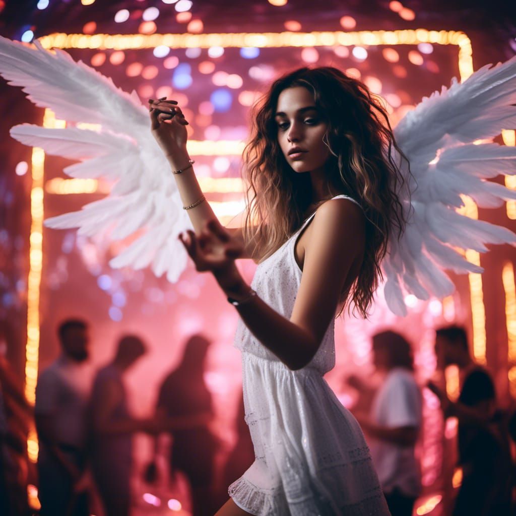 Woman with Angel Wings Dancing in Nightclub