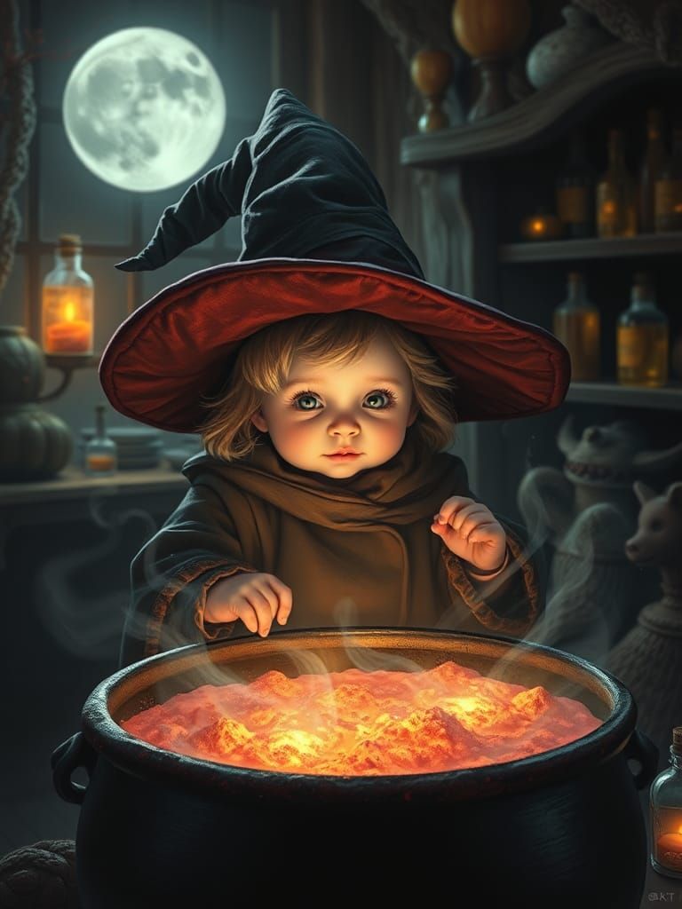 Cute Pink Witch and Bubbling Cauldron
