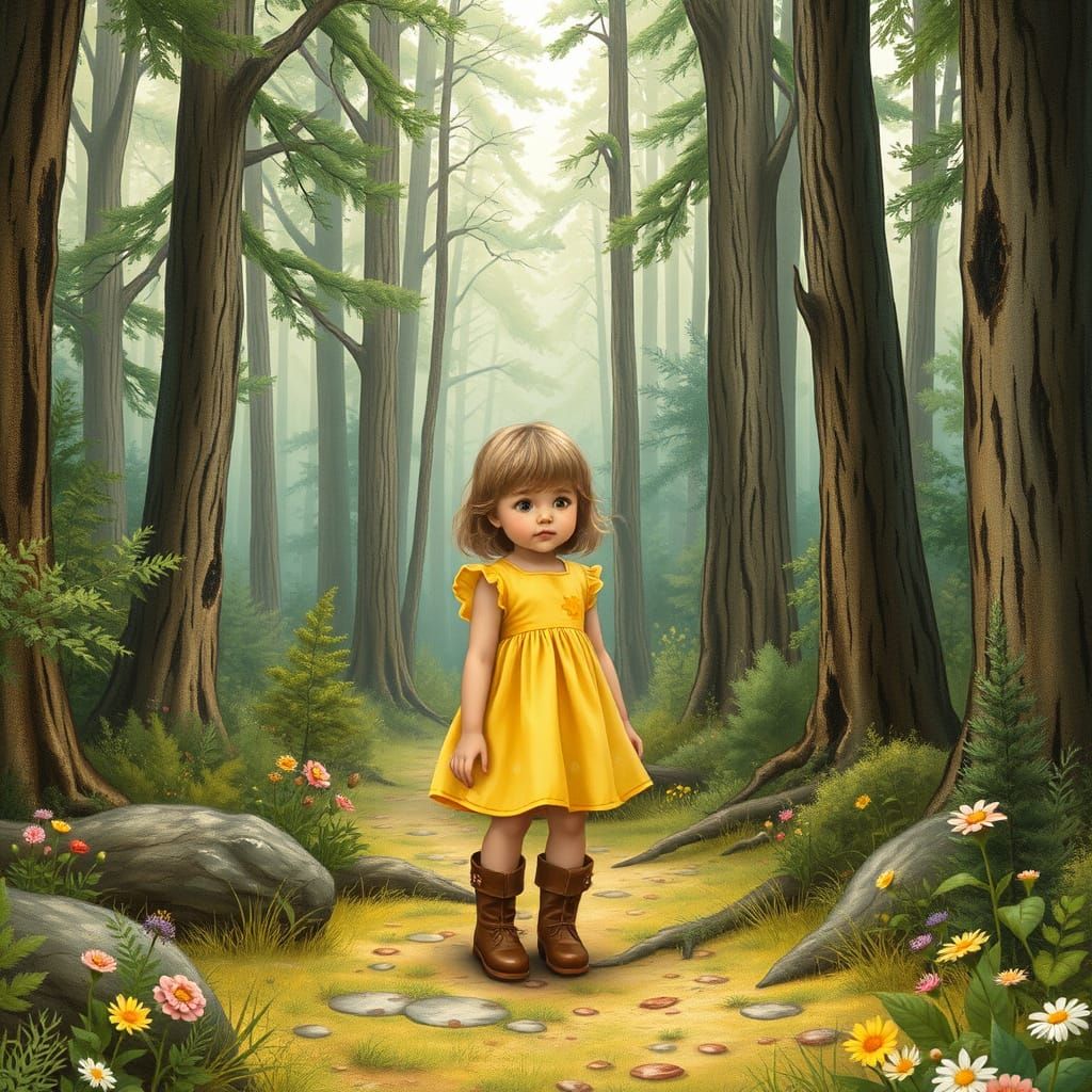 Curious Child in Vibrant Forest, Beatrix Potter Style