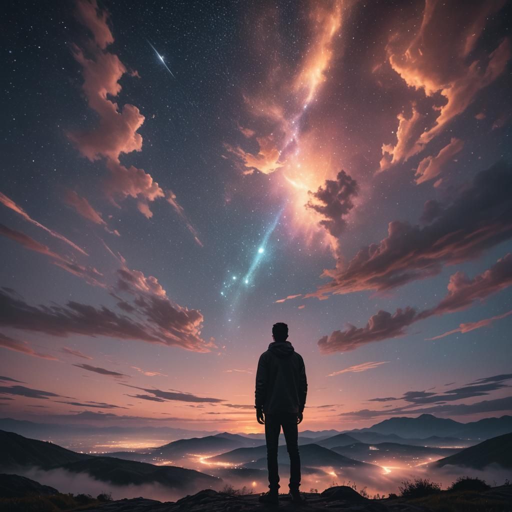 Man Gazing at a Magical Glowing Sky