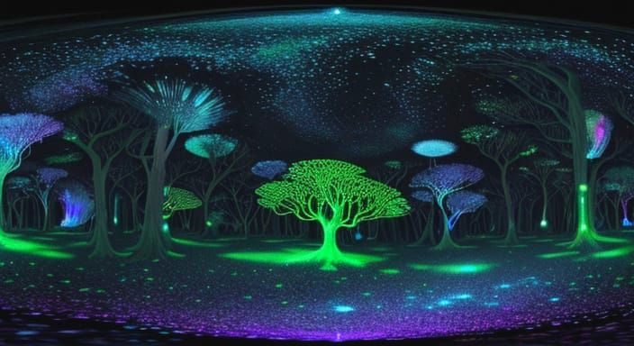Galactic Bioluminescent Dreamscape in Digital Pointillism