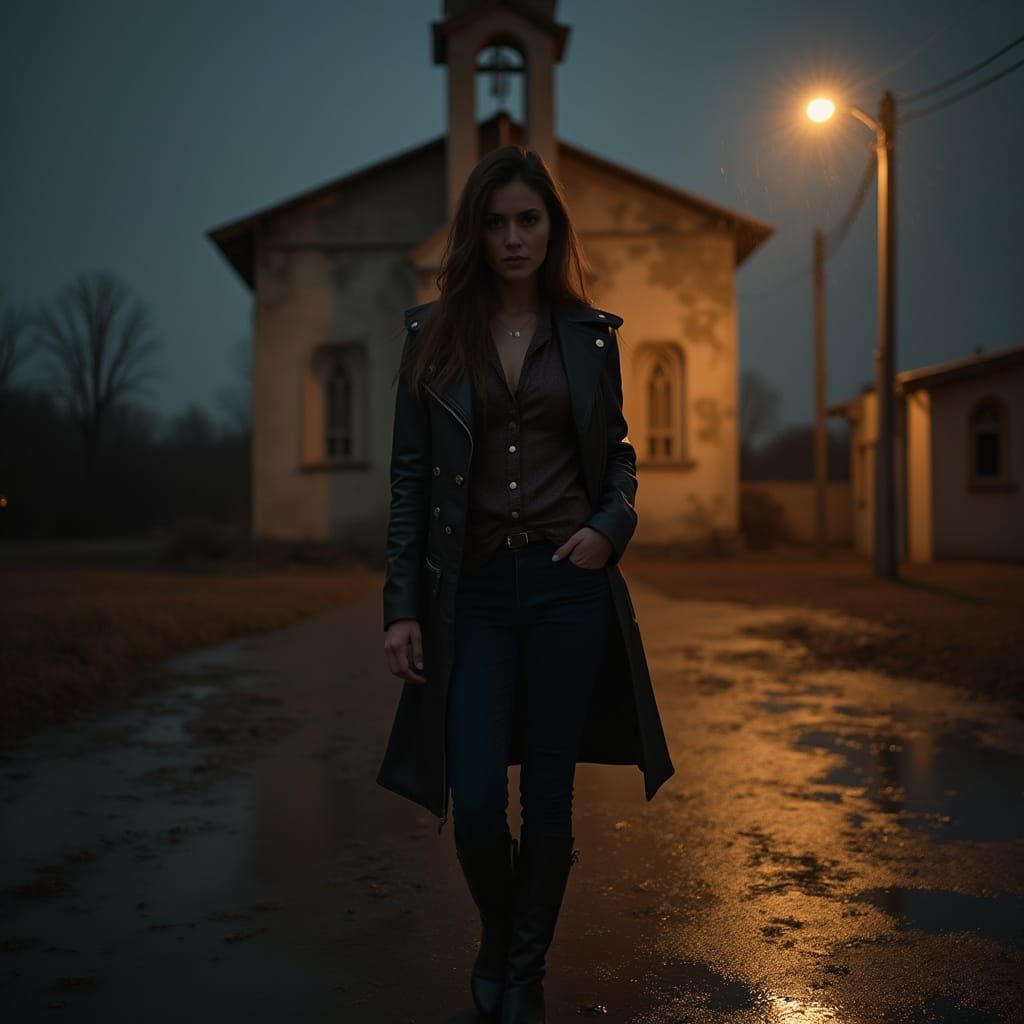 Middle Eastern Woman Outside Abandoned Church in Evening Lig...