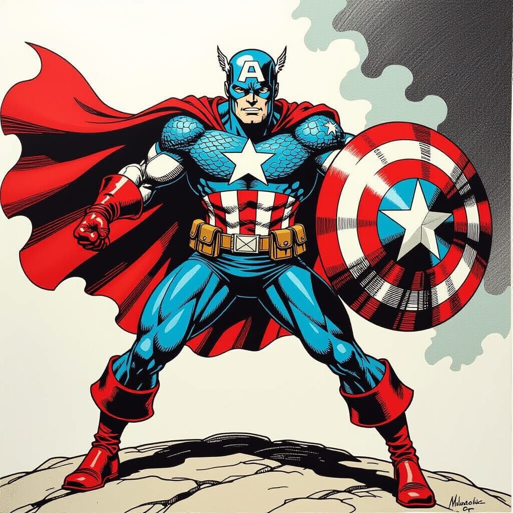 Captain America Ink Drawing in Graphic Novel Style