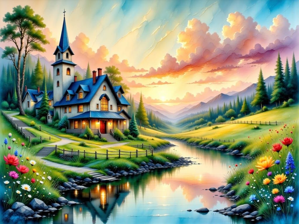 Ethereal Art Nouveau Village at Dusk