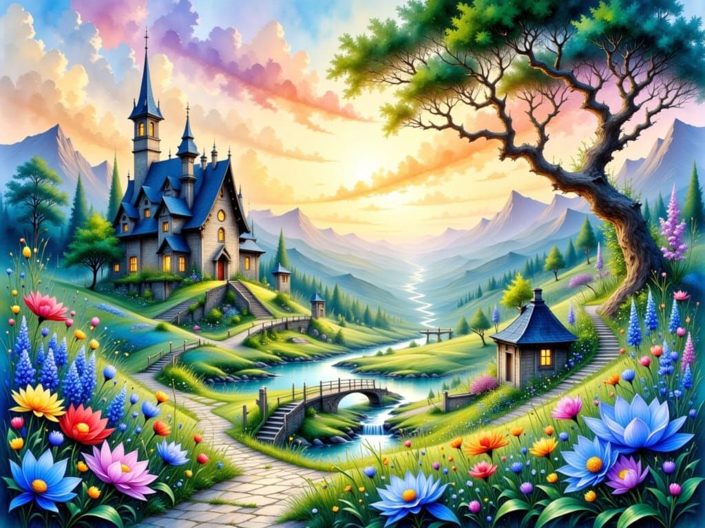 Pastel Village at Dusk in Ethereal Art Nouveau Style