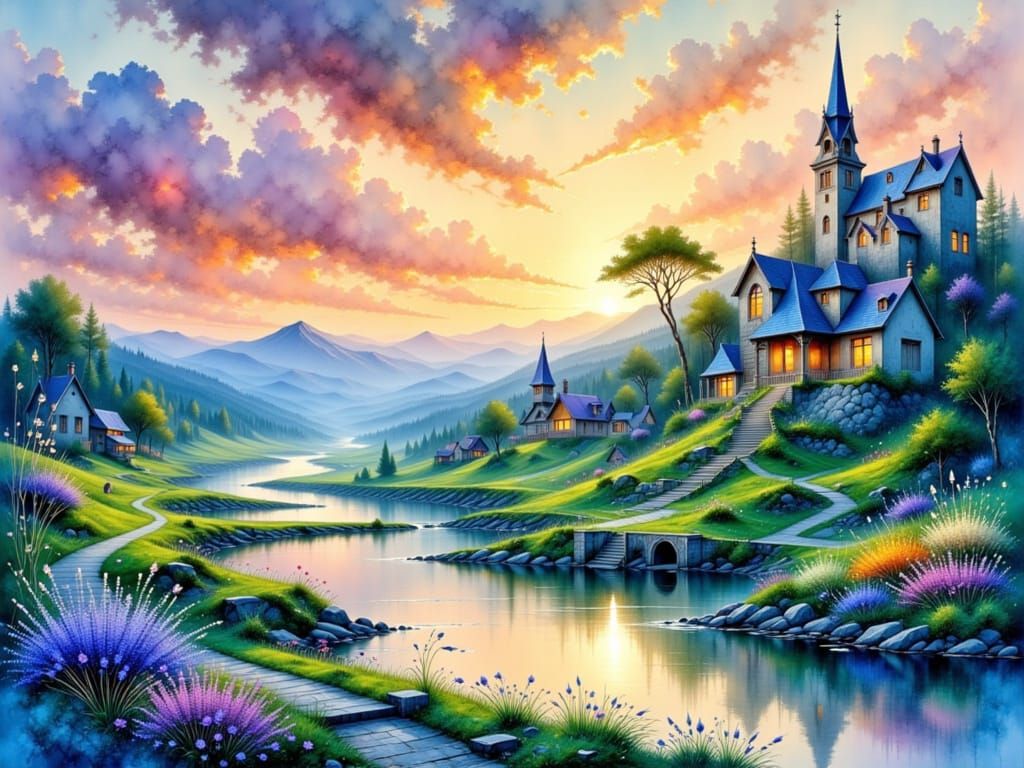 Ethereal Art Nouveau Village at Dusk