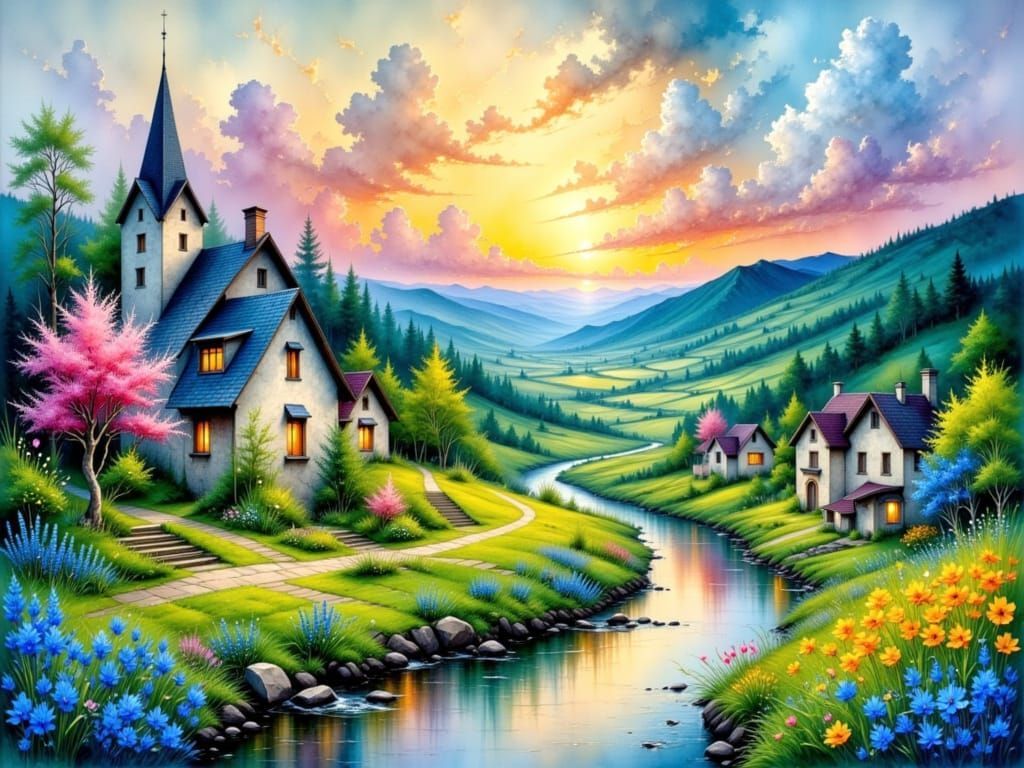 Ethereal Art Nouveau Village at Dusk