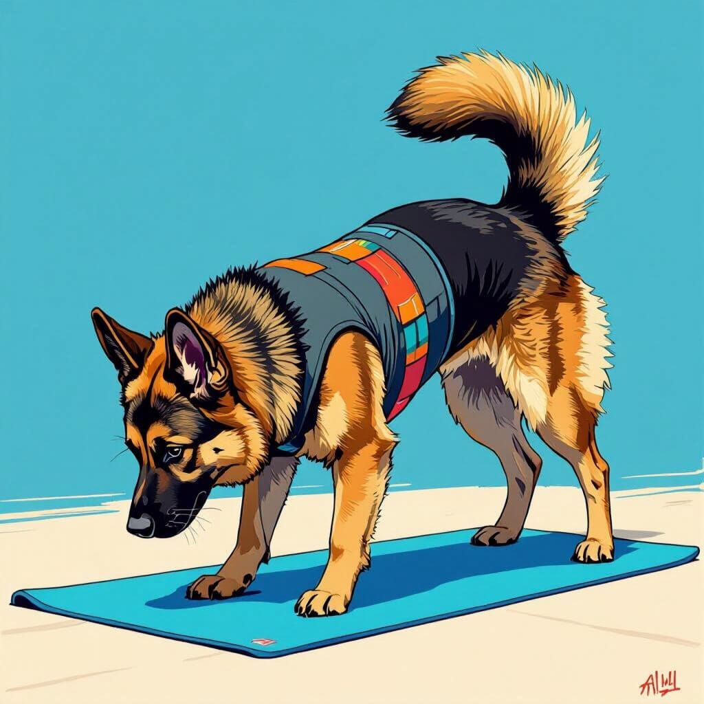 German Shepherd Doing Yoga in Digital Art Style