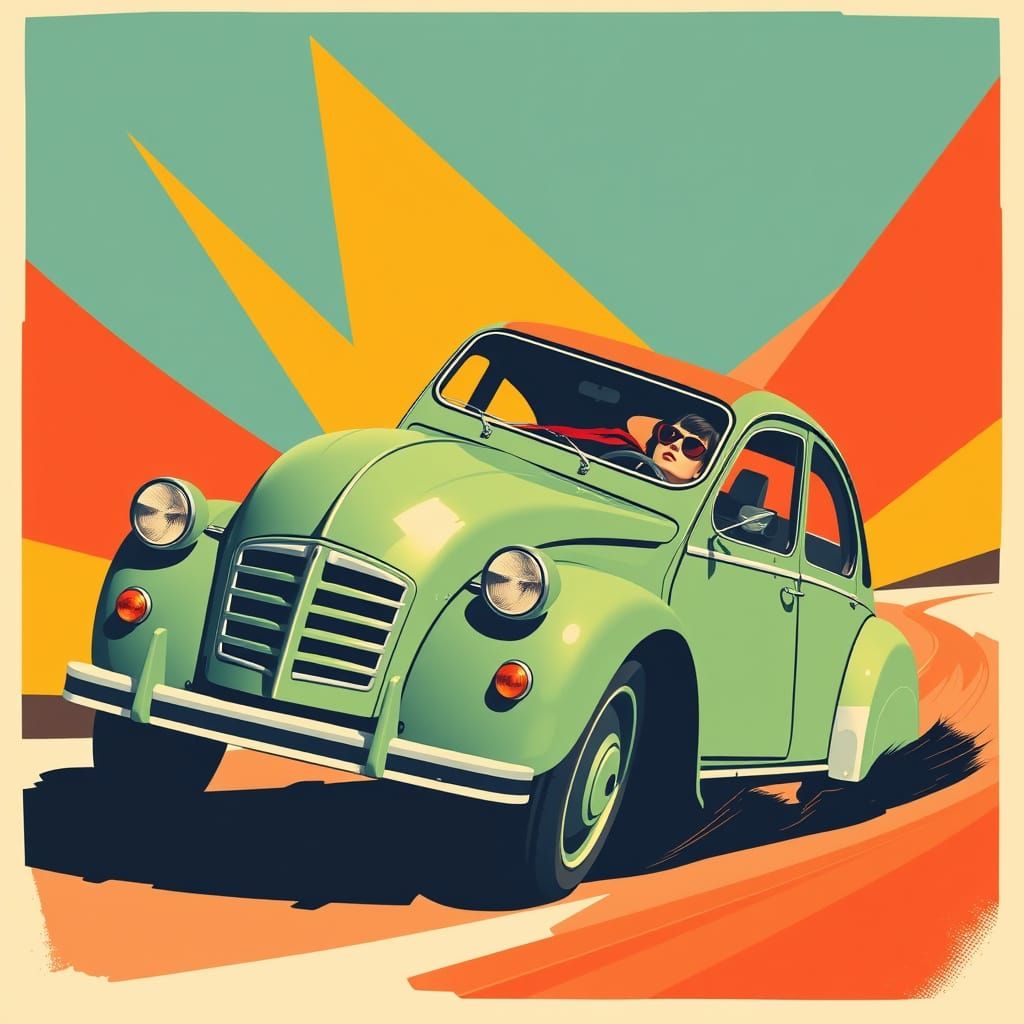 Vintage 2CV Convertible in Pop Art Style