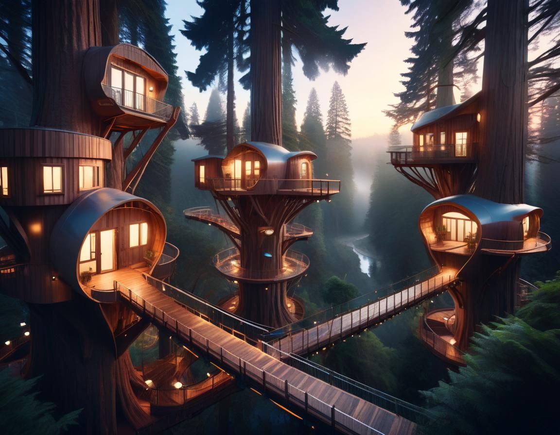 Futuristic Redwood Treehouse Community at Magic Hour