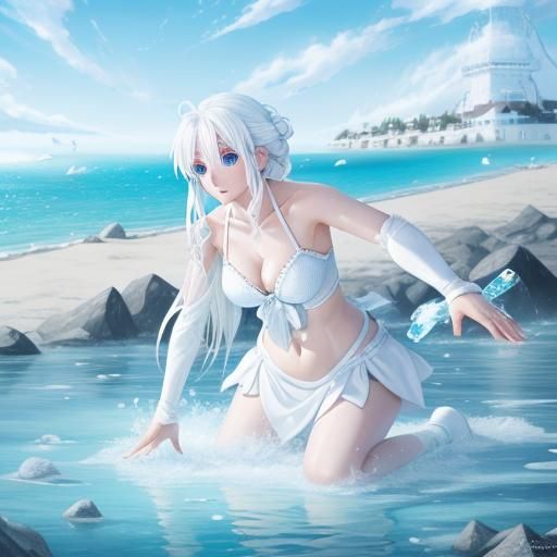 Anime Girl Casting Ice Spell on Beach