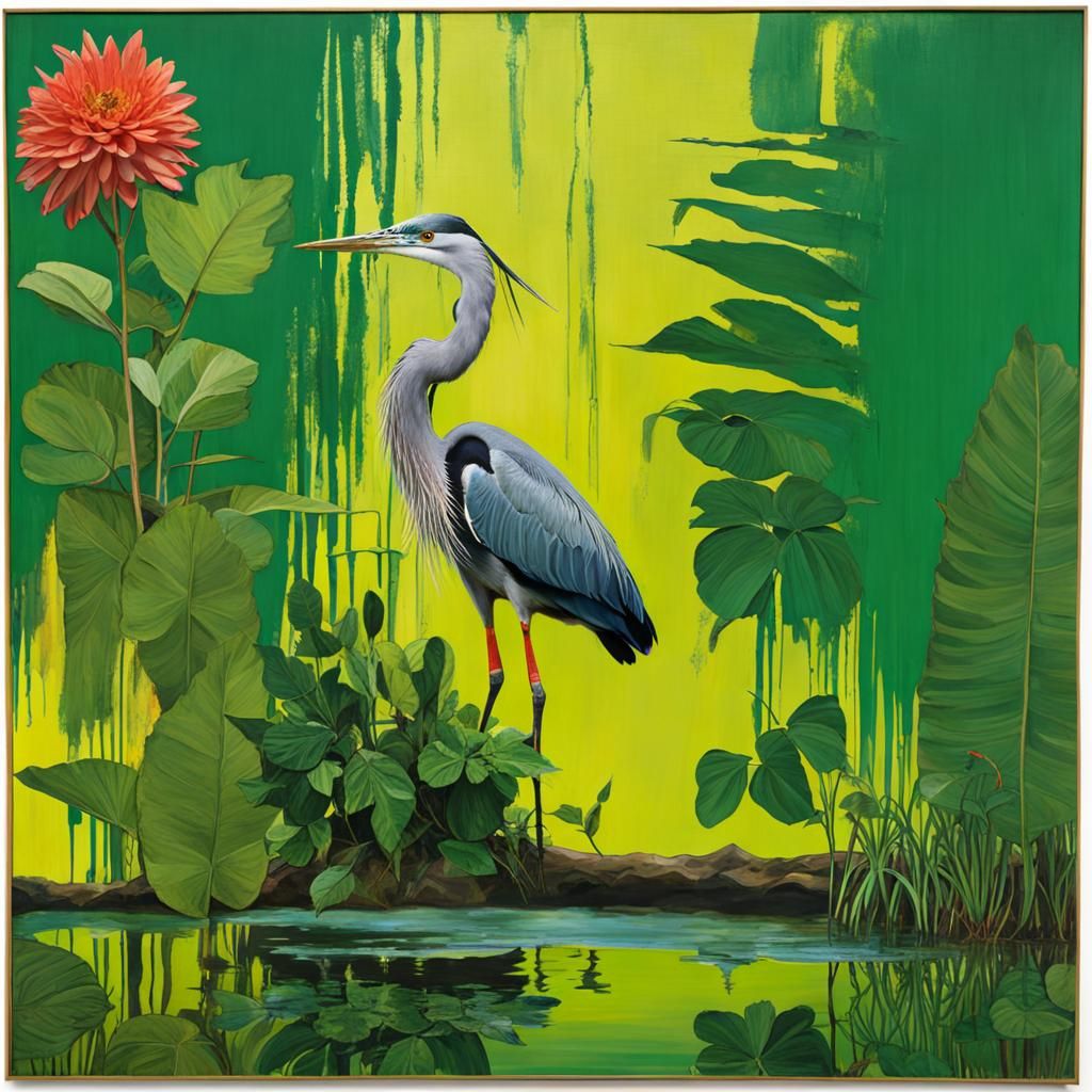 Mysterious Heron Reflection in Verdant Cinematic Style