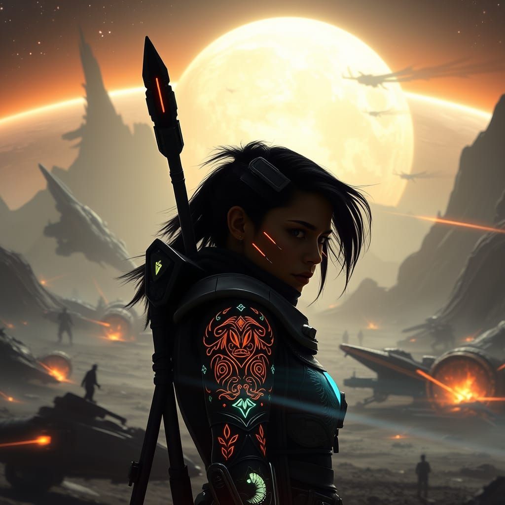 Female Maori Warrior in Cyberpunk Space Battle