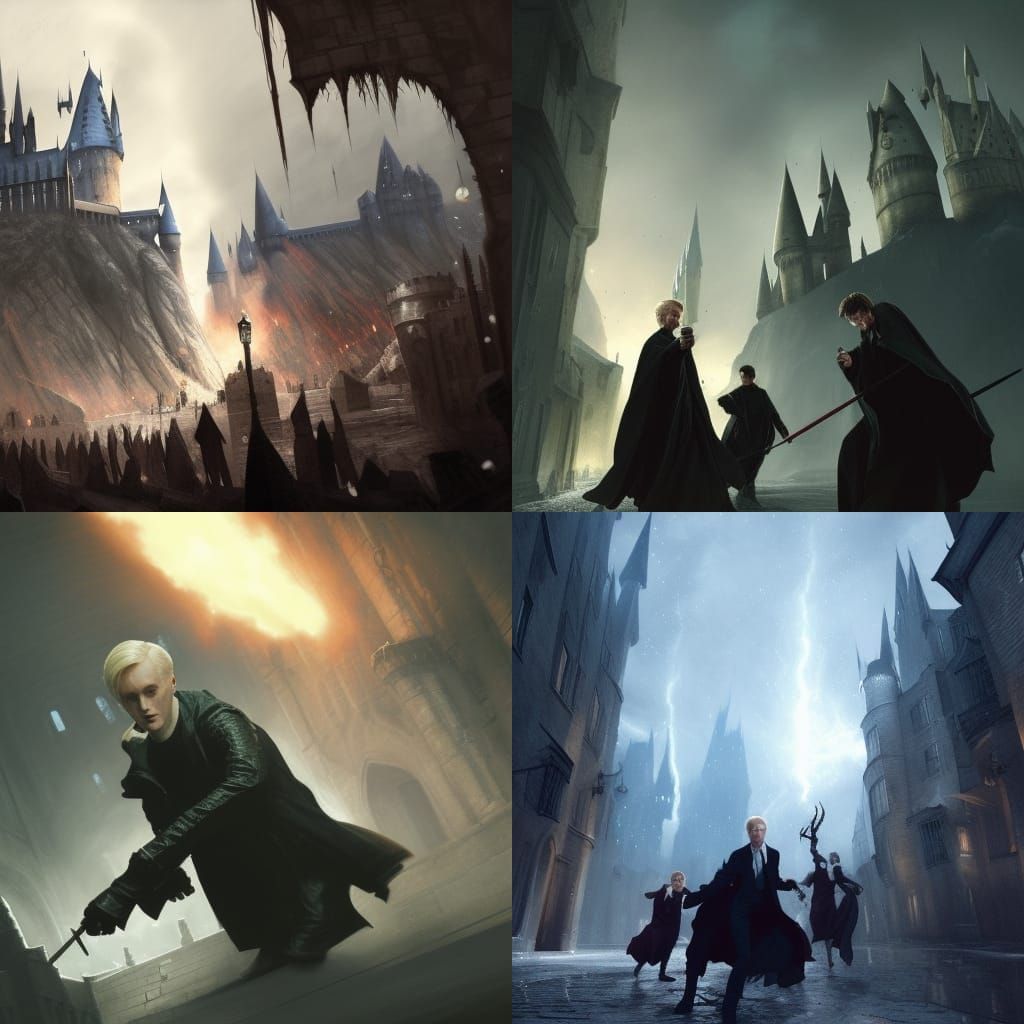 Draco Malfoy Castle Fight in Dark Fantasy Style
