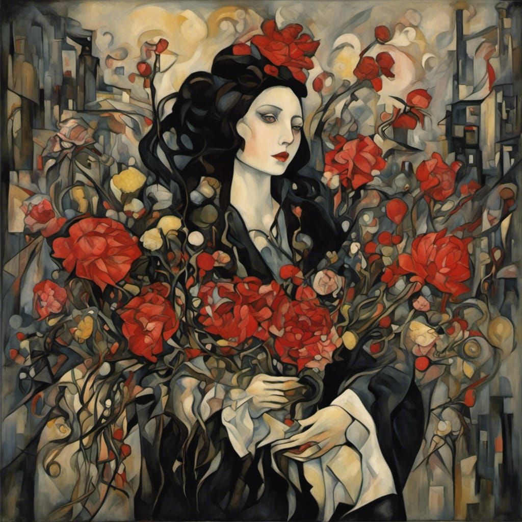 Beautiful Woman Holding Peonies in Dreamlike Style