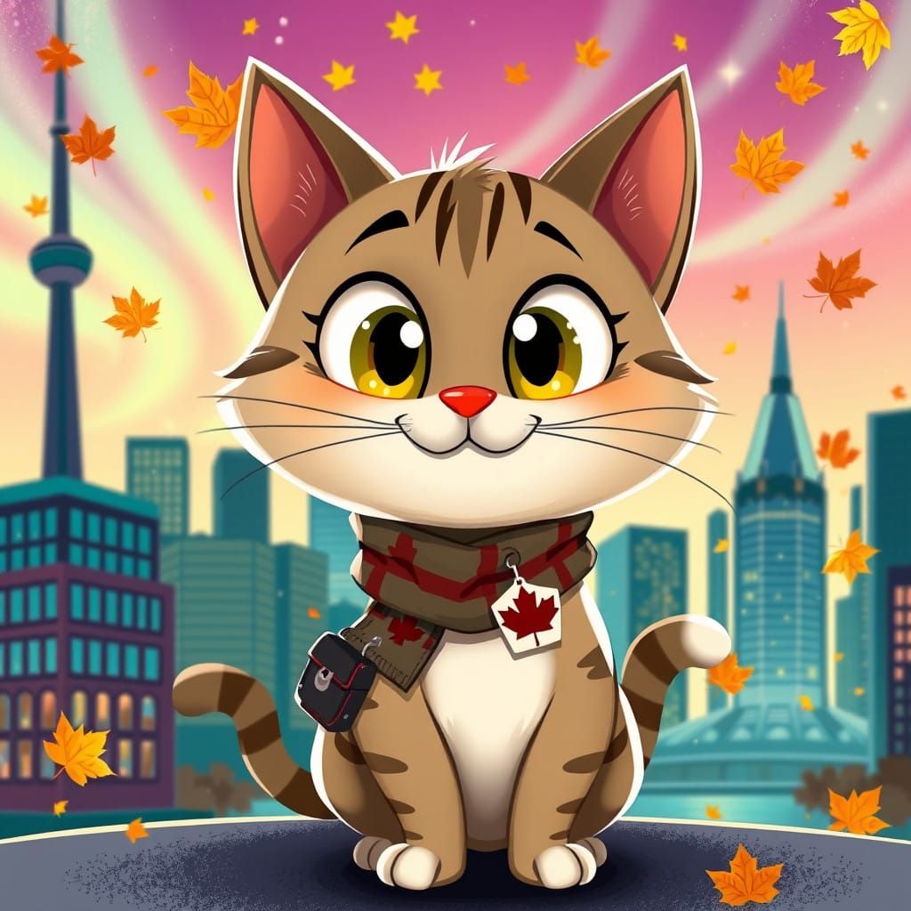 Whimsical Cartoon Cat in Toronto Cityscape