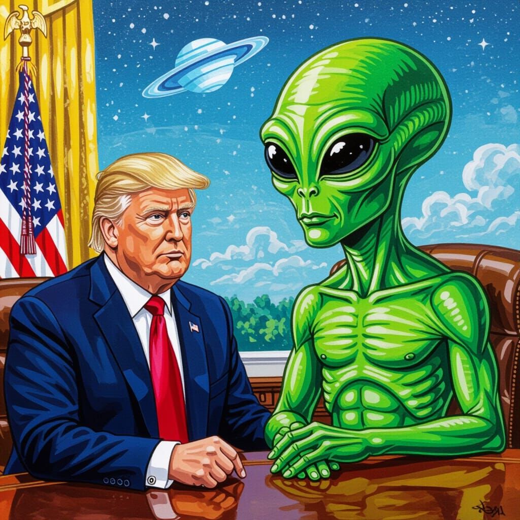 Donald Trump Meets Alien Ambassador: Gouache Painting