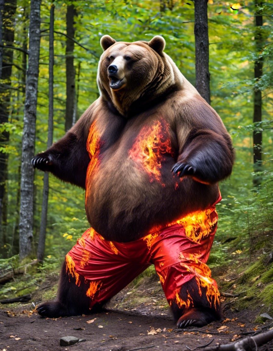 Panicked Obese Bear in Flaming Pants