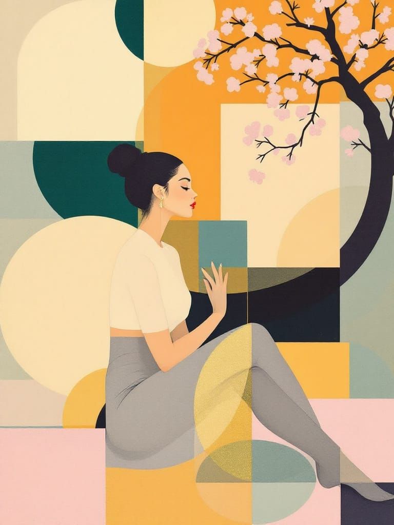 Geometric Pin-Up Meets Cherry Blossoms in Modernist Style