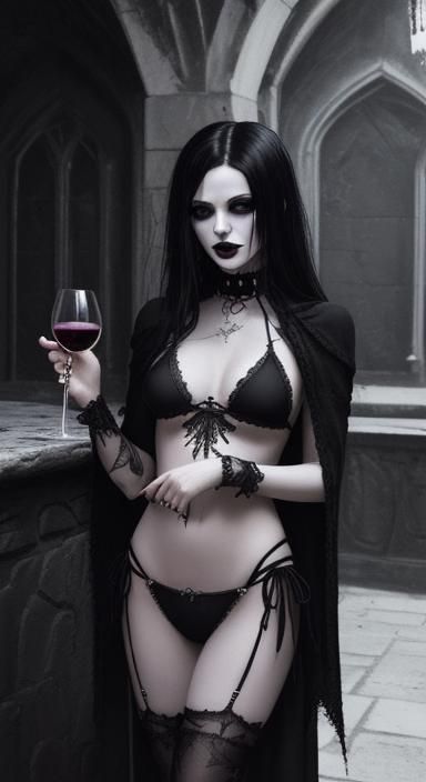 Gothic Woman in Dark Castle with Wine