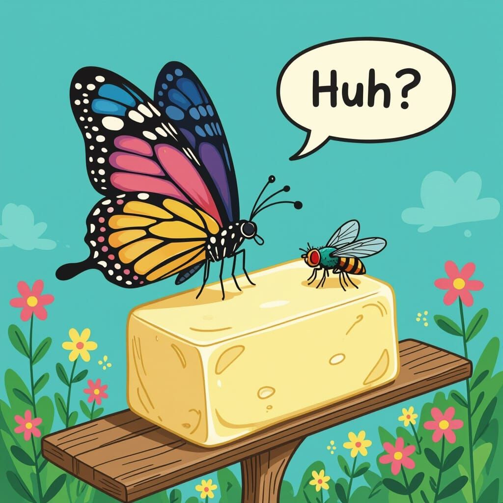 Confused Cartoon Butterfly with Fly on Butter