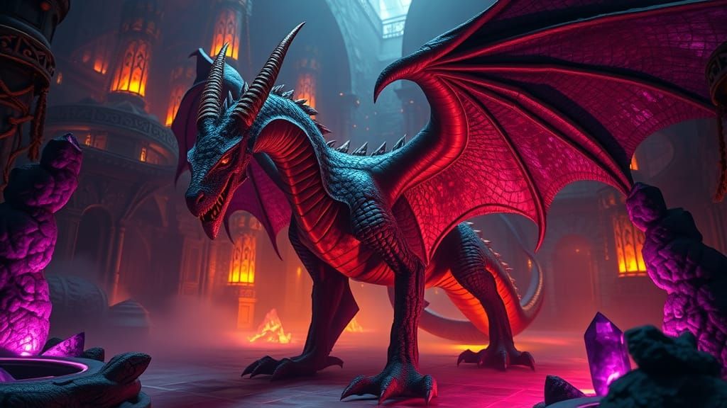 Fantasy Dungeon Guarded by Dragon in Art Nouveau Style