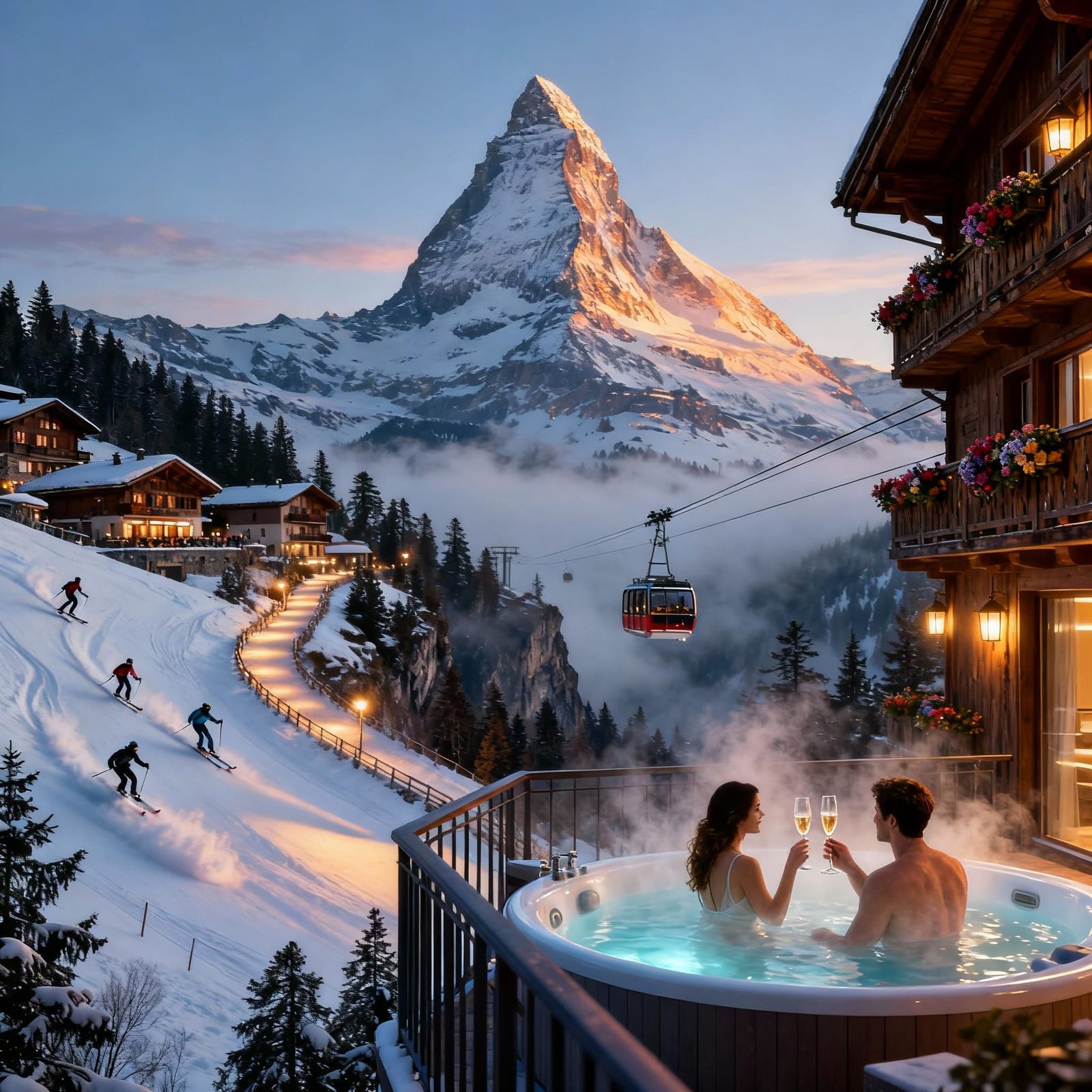 Majestic Matterhorn Twilight Romance With Skiers
