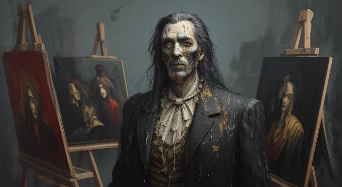 Surrealist Sorcerer Painter in Dimly Lit Studio