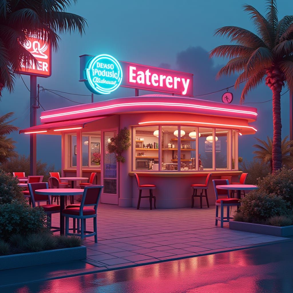 Nostalgic Retro-Futuristic Eatery in Matte Painting Style