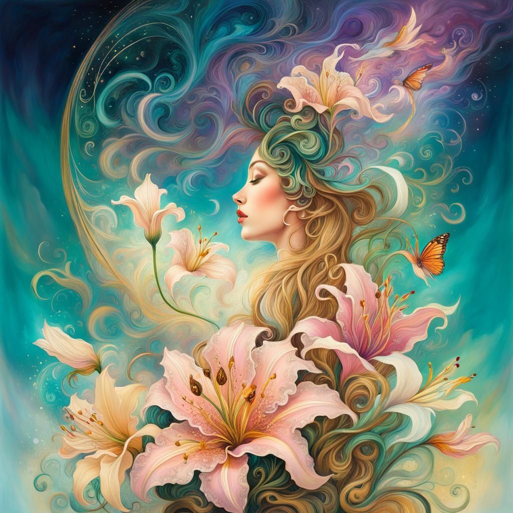 Lilies Symbolizing Purity in Magical Fantasy Painting