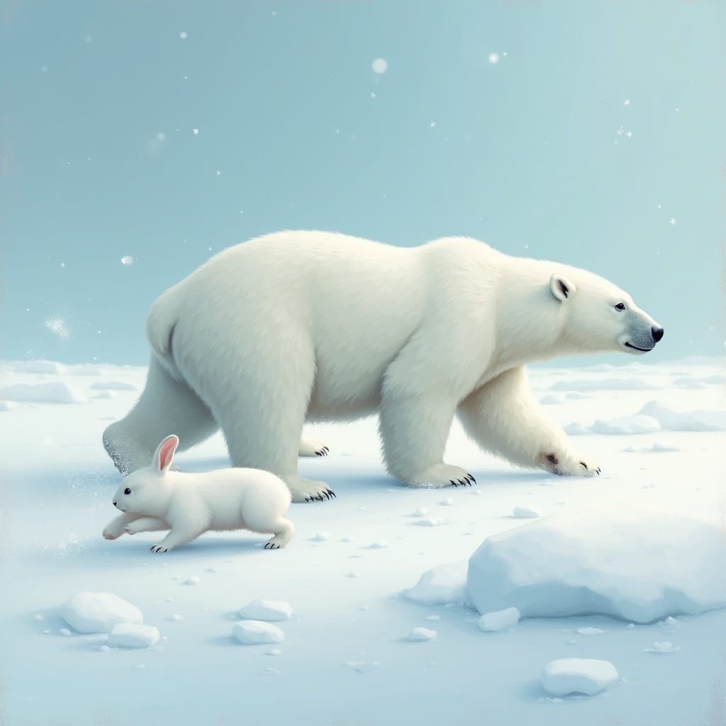 White Rabbit Evades Polar Bear in Frozen Tundra