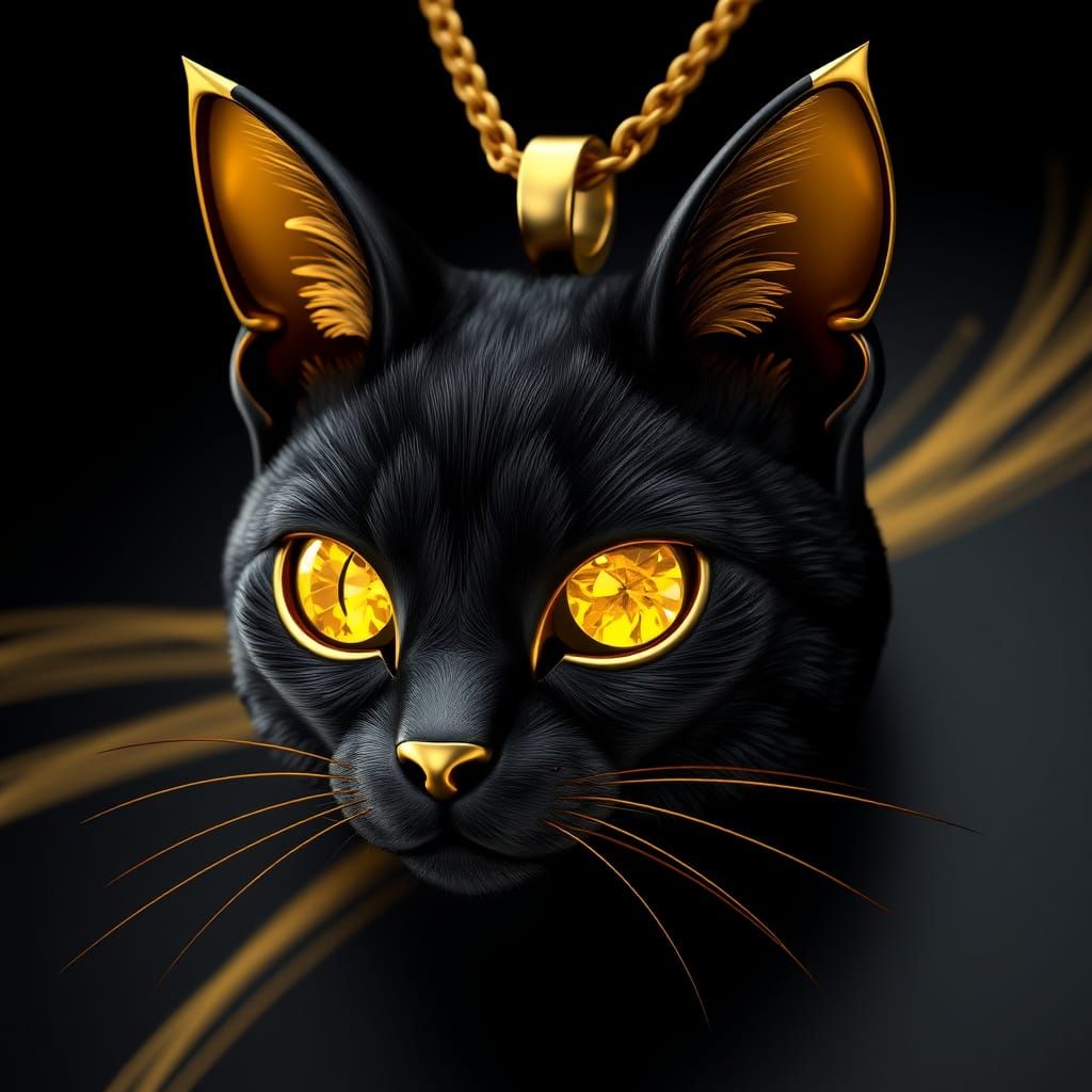Regal Black Cat Pendant in Shimmering Gold with Imitation Ca...