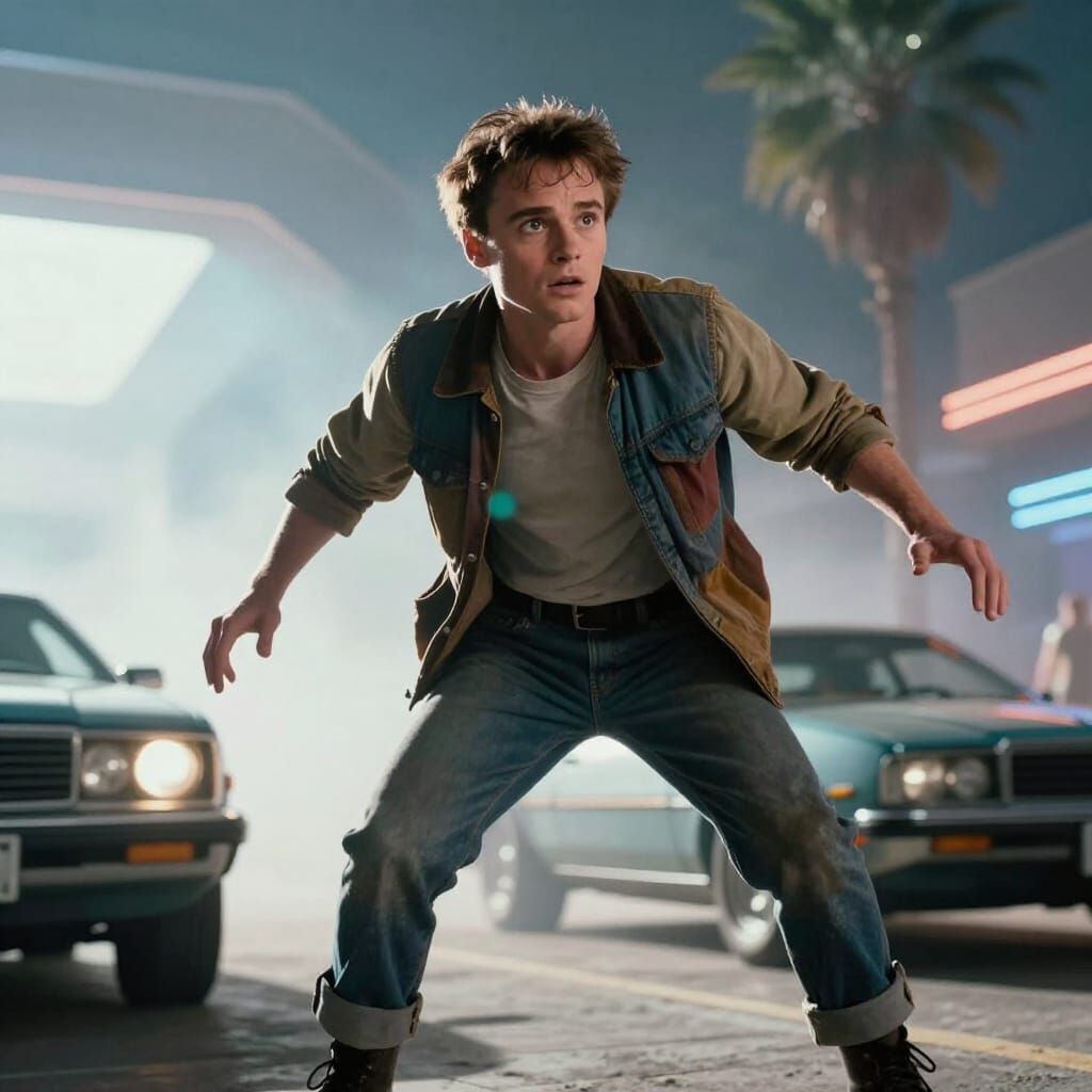 Marty McFly in Photorealistic Retro-Future Scene