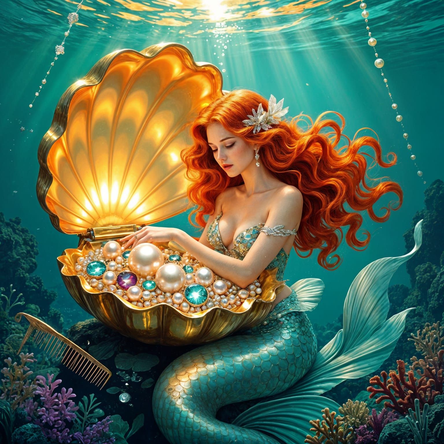 Red-Haired Mermaid Guarding Jewel-Filled Clamshell