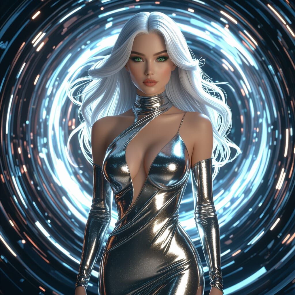A statuesque woman with flowing silver hair and striking eme...