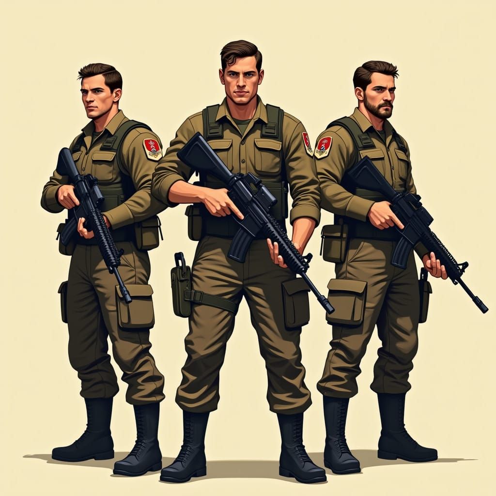 Heroic Warriors in Brown Uniforms and Geometric Forms