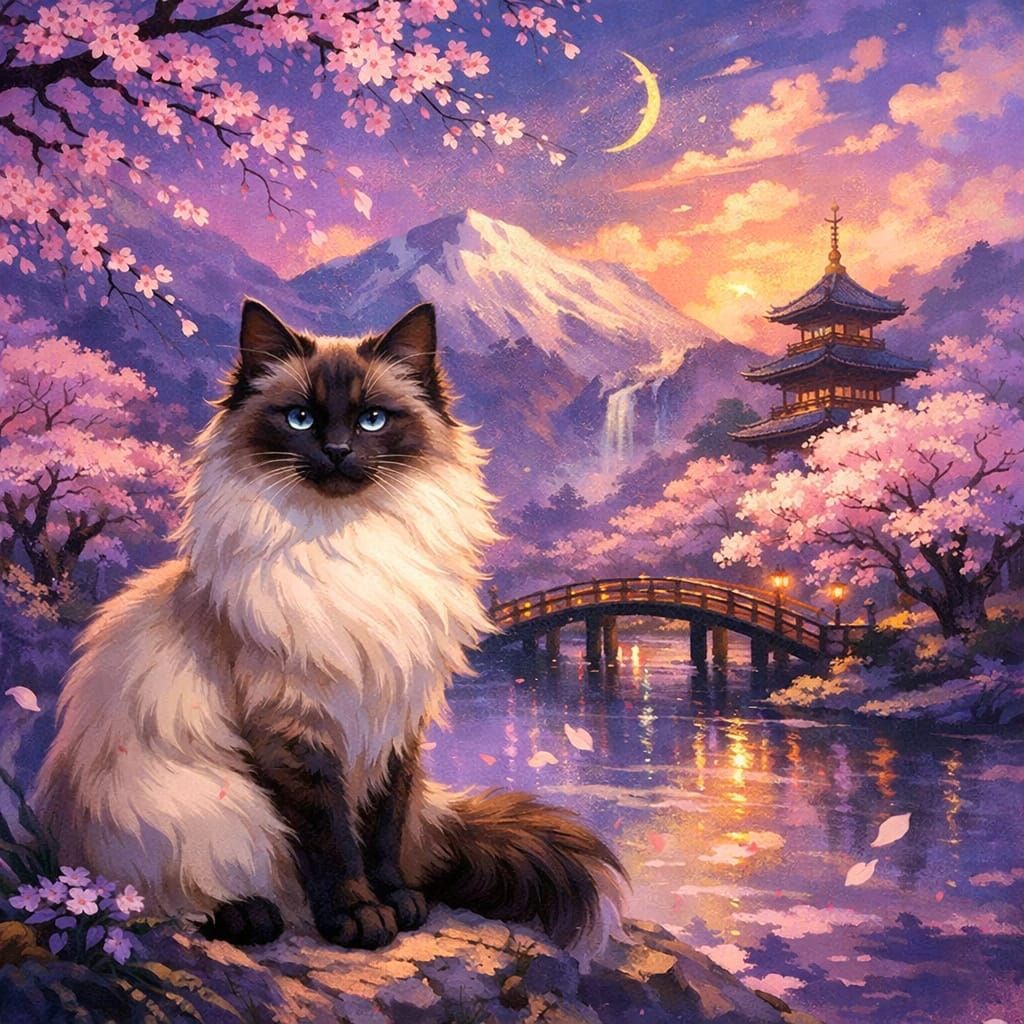 Siamese Cat in Sakura Landscape Painting