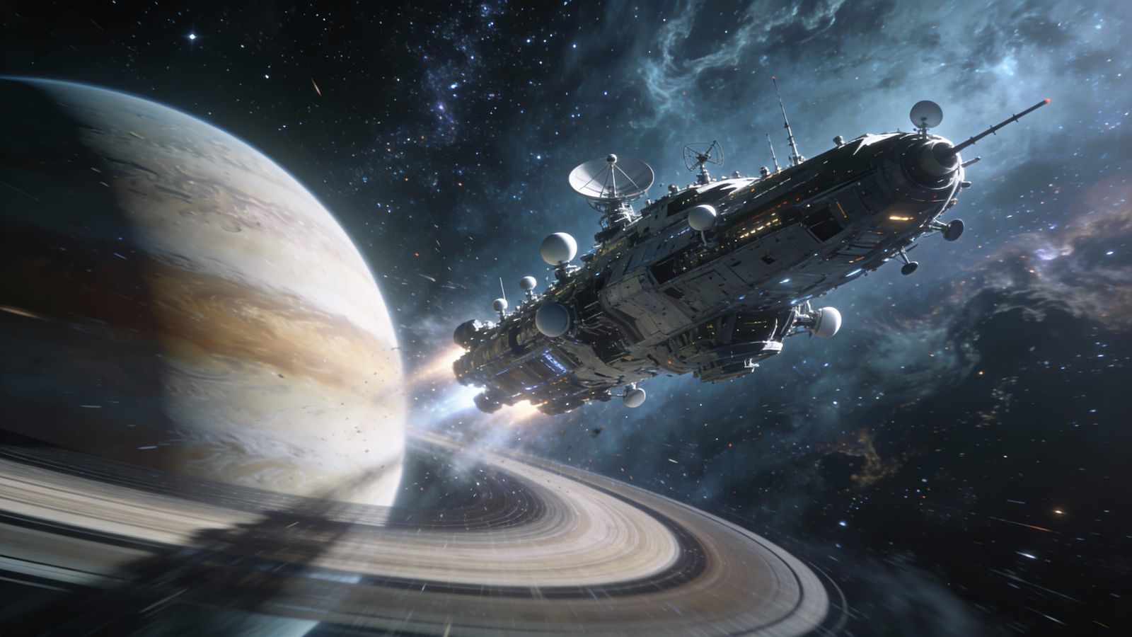 Futuristic Spaceship Escapes Planet's Gravity in Photorealis...