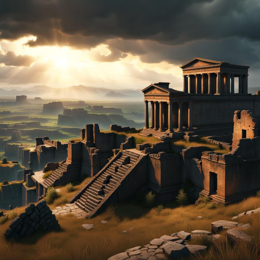 Ruined Ancient City at Sunset After the Rain