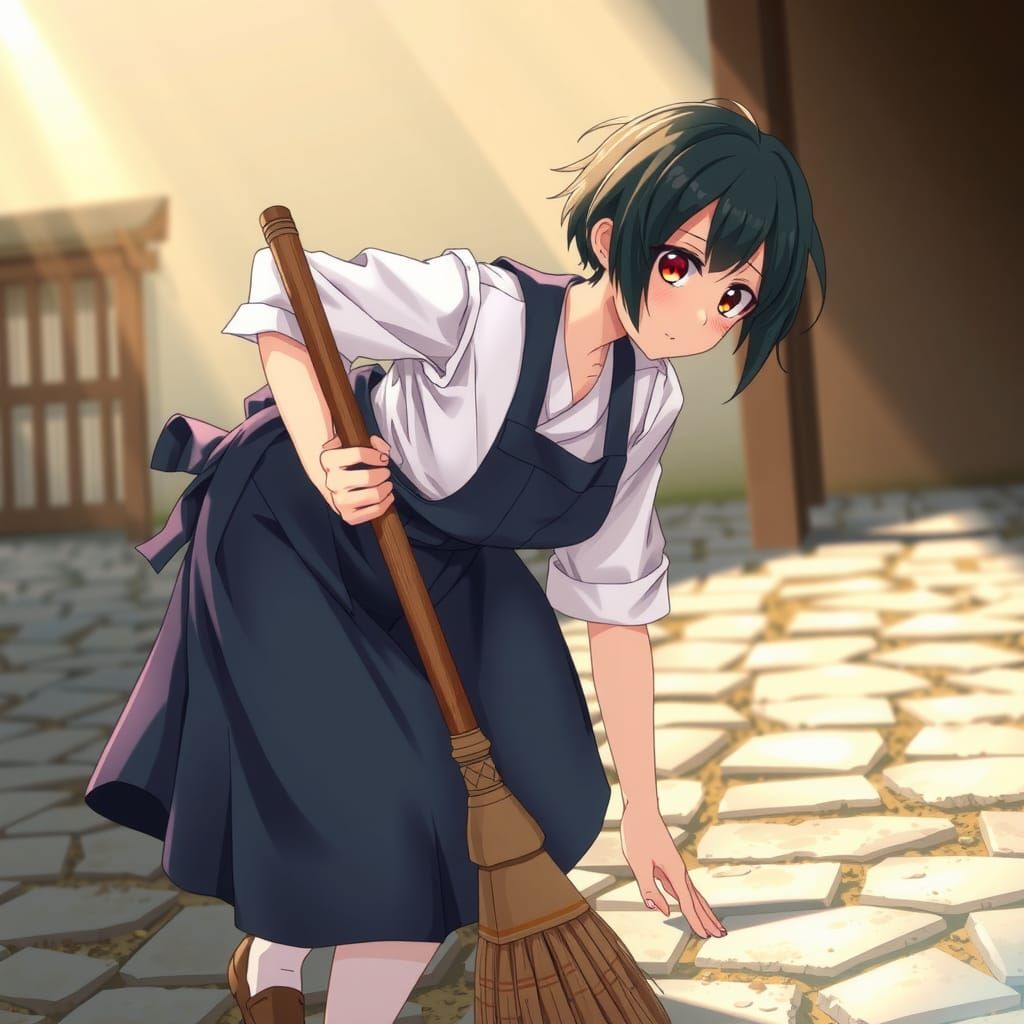 Anime Woman Sweeping in Shinkai-Inspired Scene