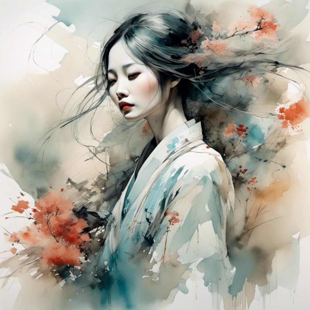 Girl with Watercolour Skin in Dreamy Cheongsam