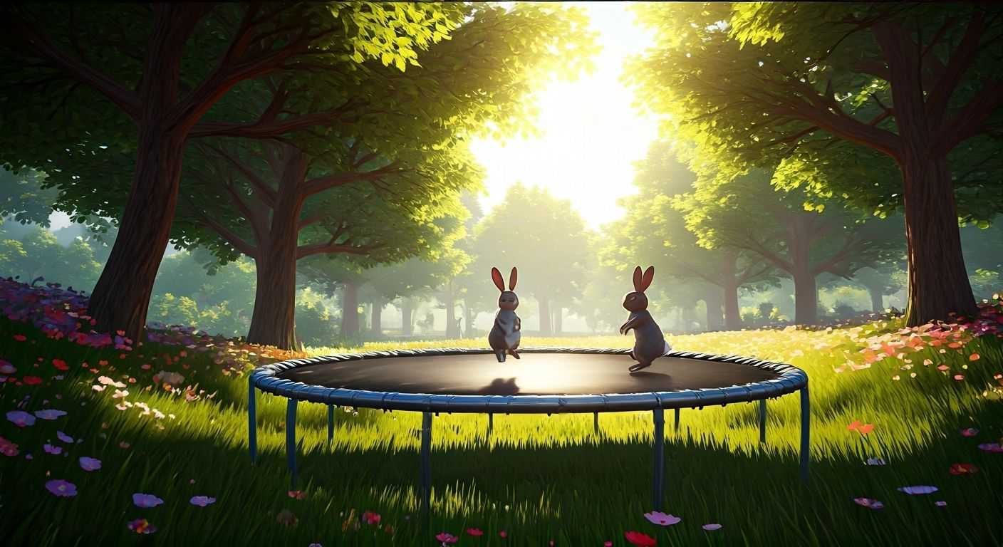 Rabbits Joyfully Bouncing on Trampoline in Sun-Dappled Meado...
